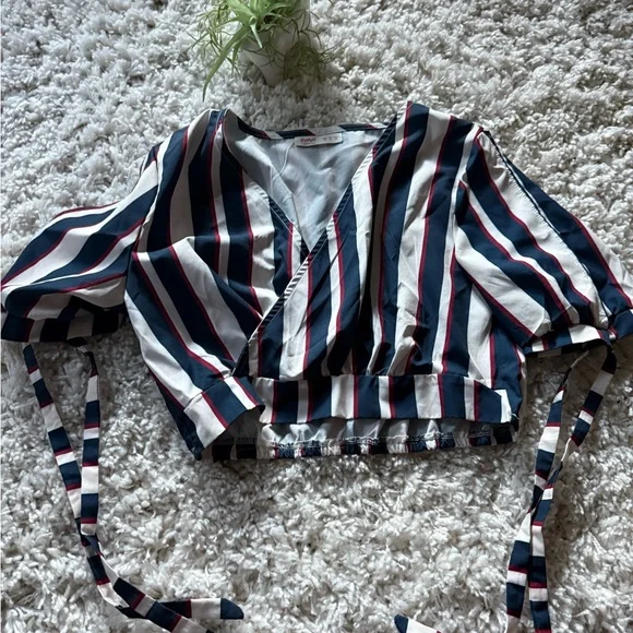 ROMWE Navy and White Striped V-Neck Blouse - Picture 1 of 6